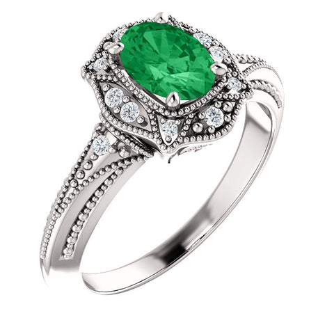 Vintage Style Oval Emerald & Diamond Ring