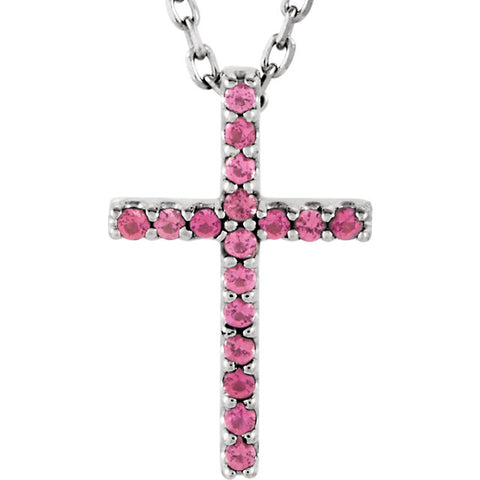 14 Karat White Gold Petite Pink Tourmaline Cross & Chain