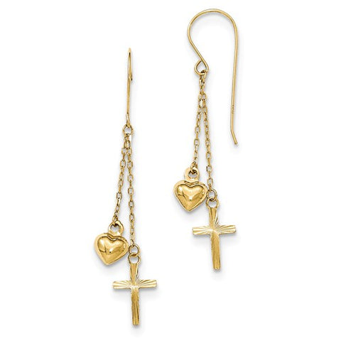 14 Karat Yellow gold Dangle Heart & Cross Earrings