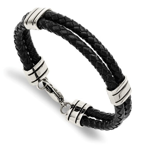 Stainless Steel Black Leather Gents Bracelet