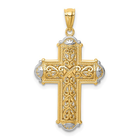 14K and White Rhodium Diamond-cut Reversible Cross Pendant