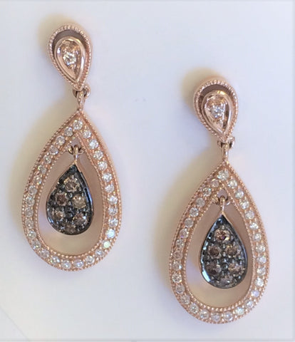 Rose Gold Chocolate & White Diamond Tear Drop Dangle Earrings